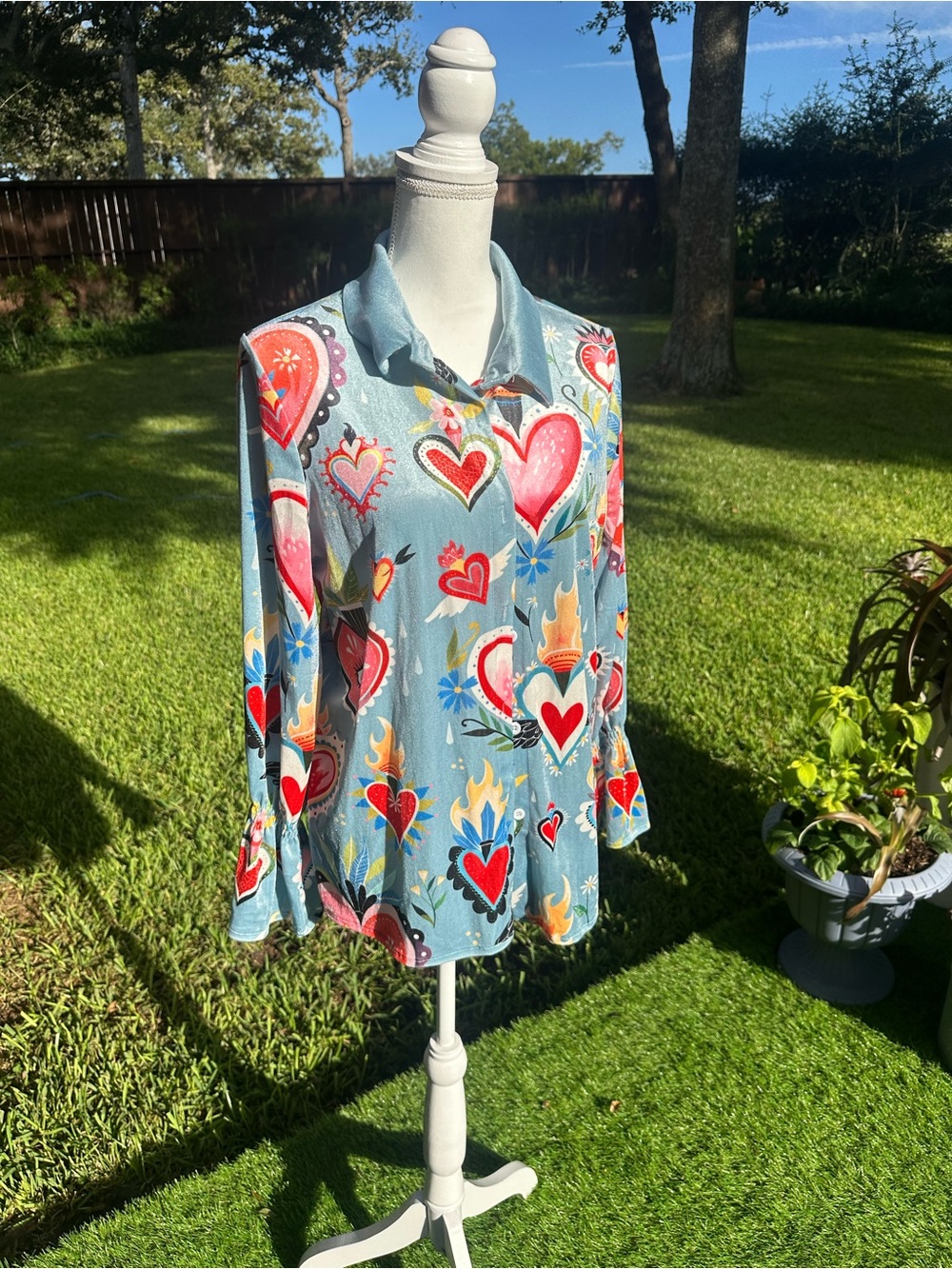 Blue Velvet Heart-Print Button-Up Women's Blouse